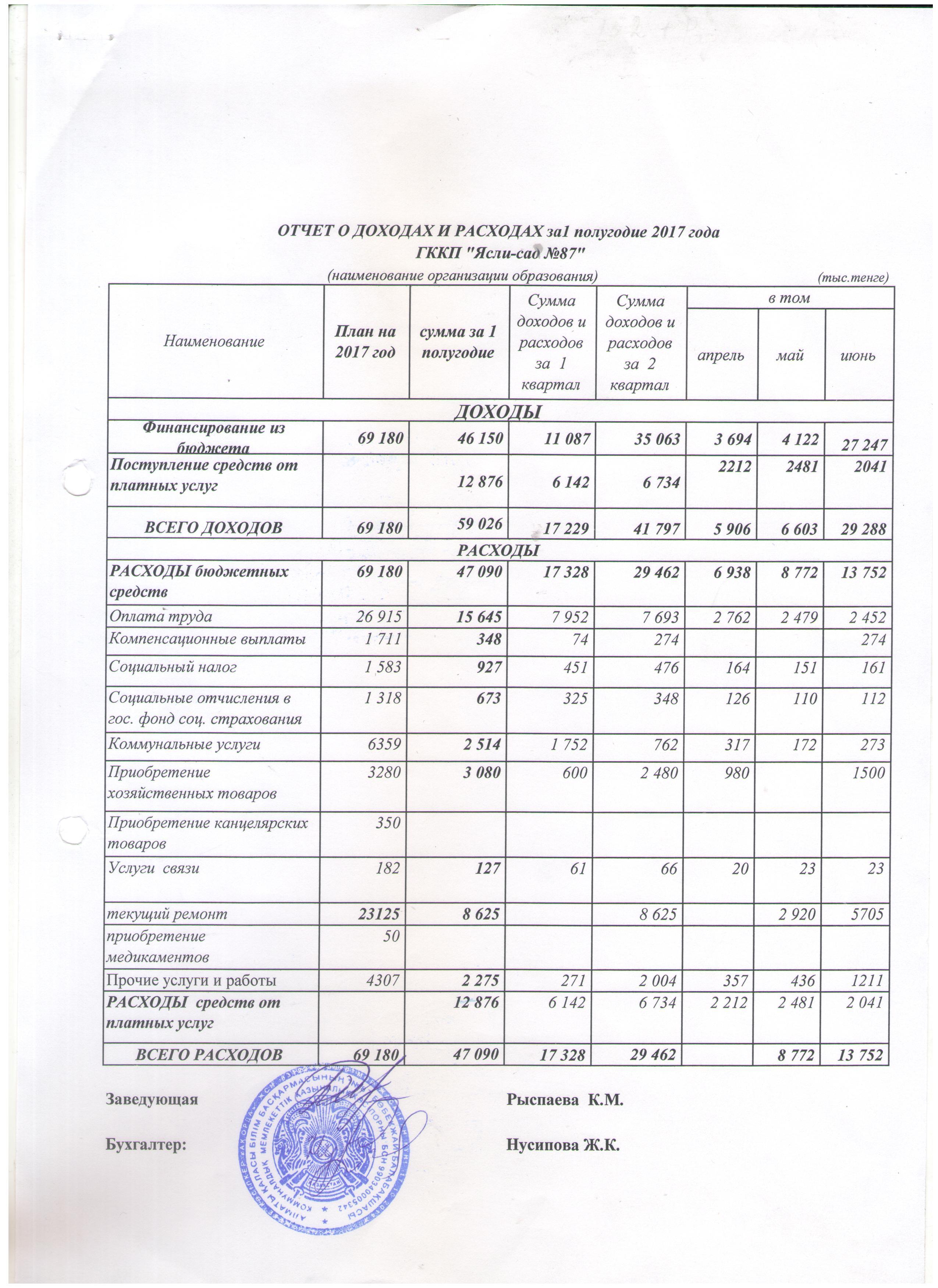 Отчет о доходах  и расходах  за 1 полугодие 2017 года год