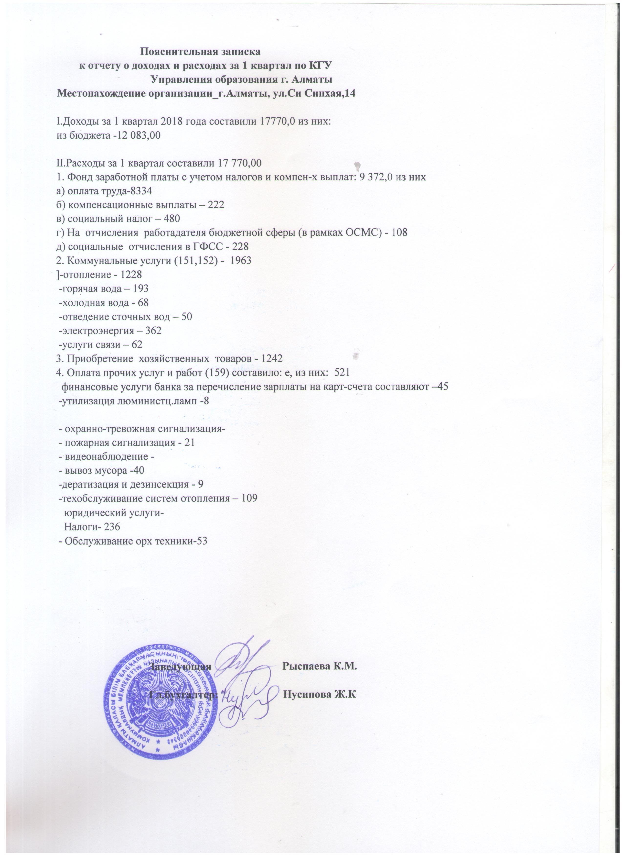 Отчёт доход и расход 1 квартал 2018 год