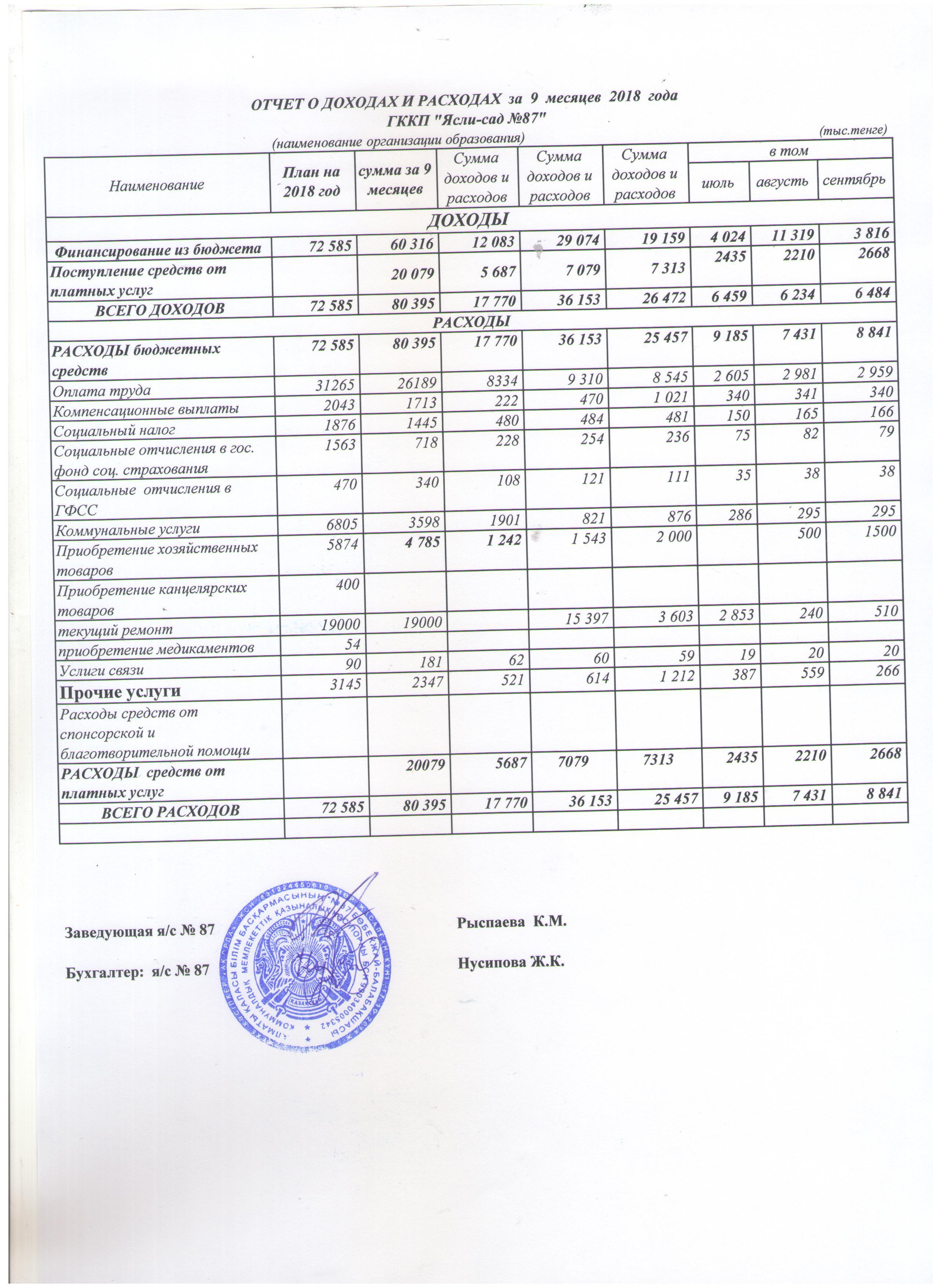 Отчет о доходах  и расходах  за 9 месяцев 2018 года год